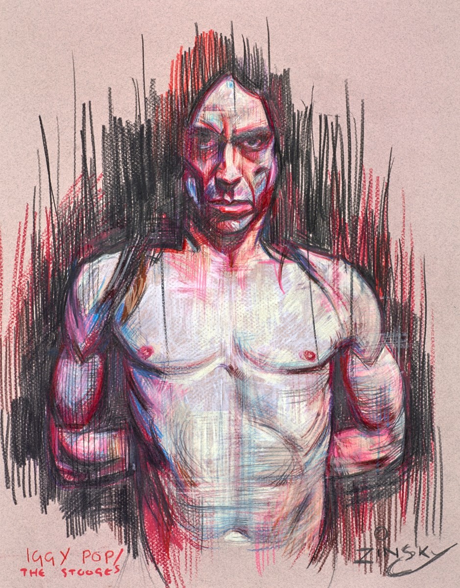 ZINSKY (MODERN) COLOURED PENCIL DRAWING ON PAPER ?Iggy Pop, The Stooges? Signed and titled,