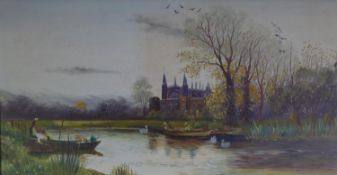 T. BATES (TWENTIETH/ TWENTY FIRST CENTURY) OIL PAINTING ON CANVAS Riverscape with college building