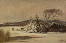 J.G. SILKEBORG? (NINETEENTH CENTURY DANISH SCHOOL) OIL PAINTING ON CANVAS Winter landscape with