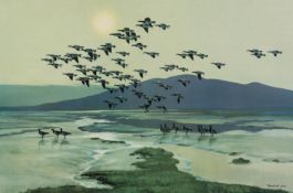 AFTER PETER SCOTT 1975 ARTIST SIGNED REPRODUCTION COLOUR PRINT Geese in flight over an estuary at