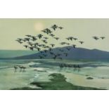 AFTER PETER SCOTT 1975 ARTIST SIGNED REPRODUCTION COLOUR PRINT Geese in flight over an estuary at