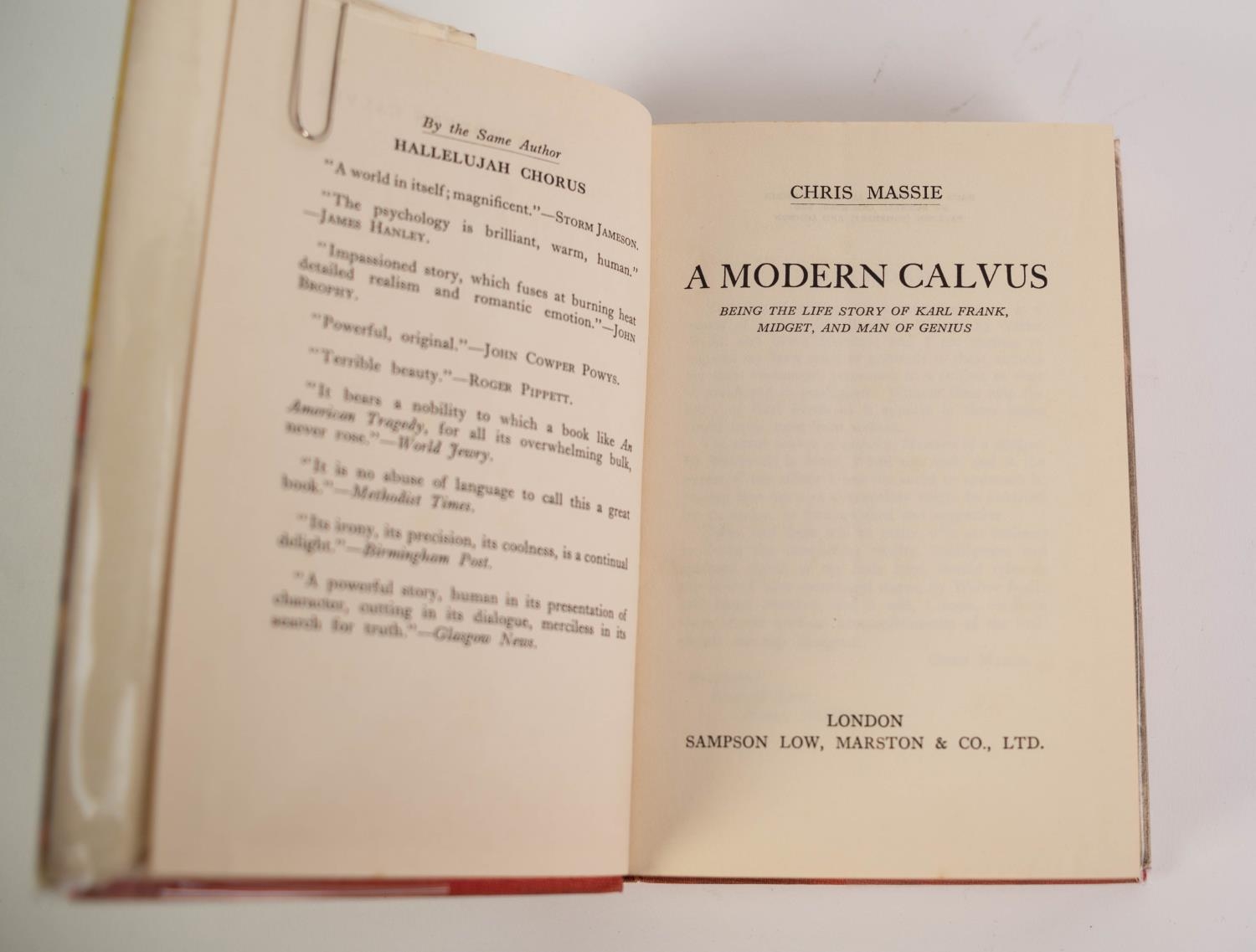 OUTSIDER FICTION. Chris Massie - A Modern Calvus, pub Sampson Low, 1st Ed 1936 with dj. Obscure - Image 3 of 5
