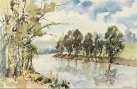 ERNEST MIDWOOD (1917-1993) WATERCOLOUR DRAWING Tree lined riverscape Signed 14 ¼? x 22? (36.2cm x