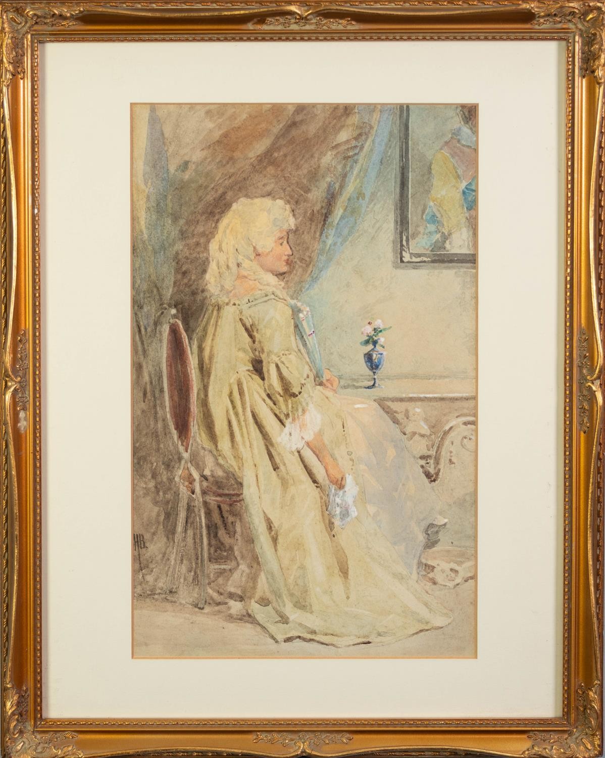 BRITISH SCHOOL (Late 19th Century) WATERCOLOUR DRAWING Elegant lady seated in contemplative pose - Image 2 of 2