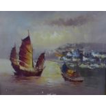 UNATTRIBUTED (TWENTIETH CENTURY) OIL PAINTING Coastal view with moored Chinese Junks Indistinctly