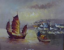 UNATTRIBUTED (TWENTIETH CENTURY) OIL PAINTING Coastal view with moored Chinese Junks Indistinctly