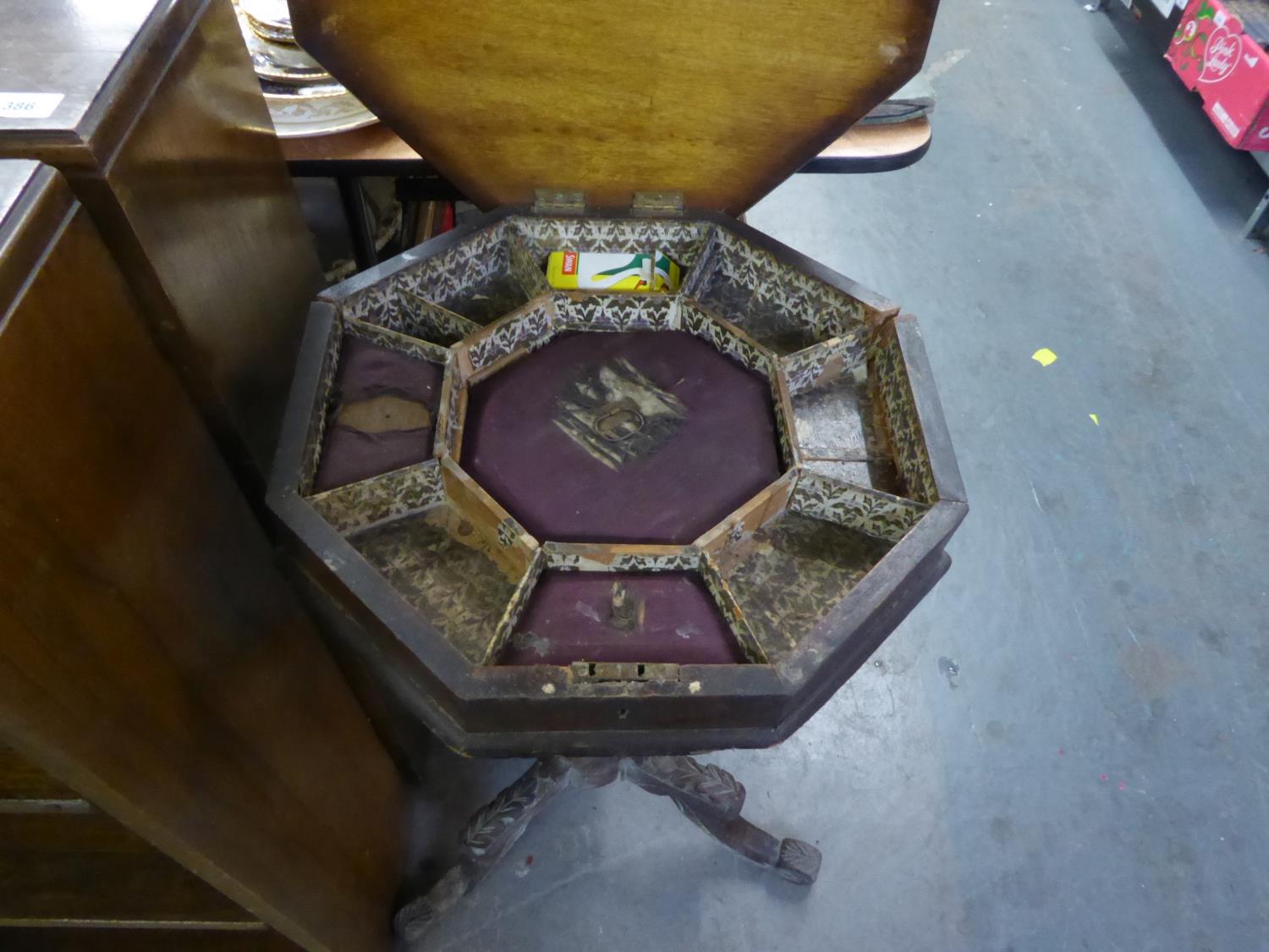 VICTORIAN WALNUT AND MARQUETRY INLAID OCTAGONAL WORK OR GAMES TABLE, WITH HINGED CHESSBOARD TOP, - Image 4 of 5