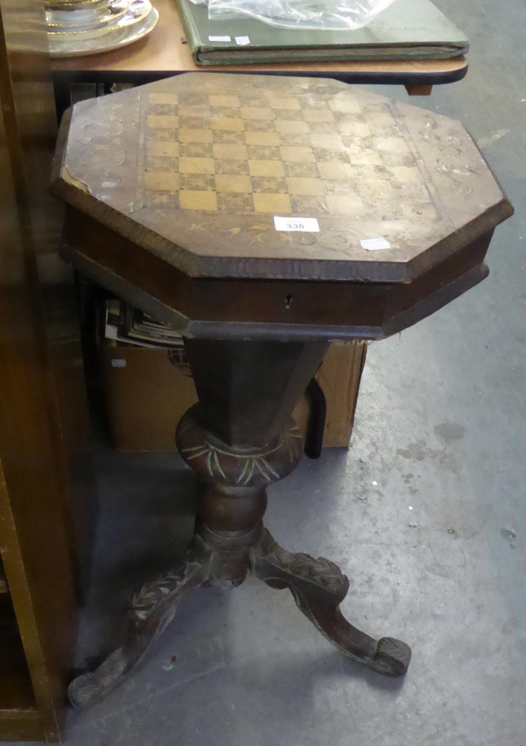 VICTORIAN WALNUT AND MARQUETRY INLAID OCTAGONAL WORK OR GAMES TABLE, WITH HINGED CHESSBOARD TOP,