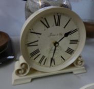 JONES & CO., LONDON, MODERN WHITE FINISH CIRCULAR MANTEL CLOCK WITH BATTERY MOVEMENT (MADE IN CHINA)