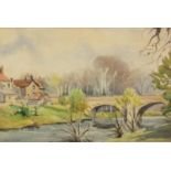 DIANA BROMLEY (TWENTIETH CENTURY) WATERCOLOUR DRAWING Riverscape with stone bridge and houses Signed
