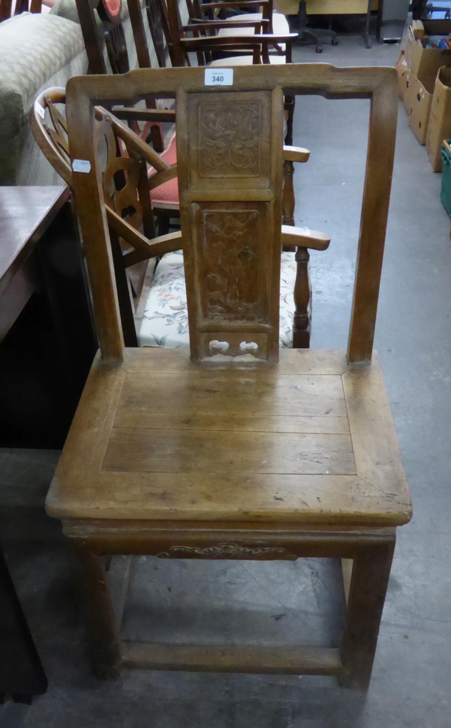 CHINESE PROVINCIAL ANTIQUE SINGLE CHAIR, THE BROAD SPLAT TO THE BACK, WELL CARVED IN TWO RESERVES,