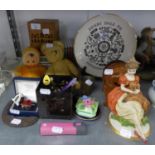 QUANTITY OF MISCELLANEA INCLUDING; RACK OF SIX WOODEN COASTERS, SMALL GOLDEN PLUSH TEDDY BEAR WITH