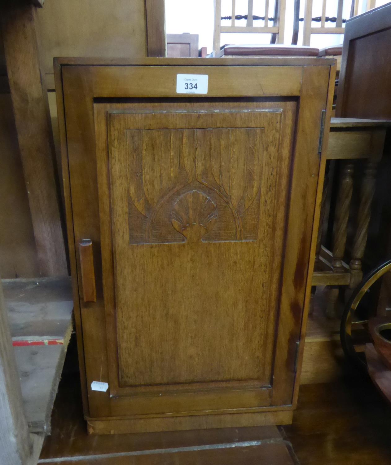 A SMALL CARVED OAK CUPBOARD WITH THREE INTERIOR SHELVES, 1?10? HIGH