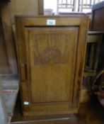 A SMALL CARVED OAK CUPBOARD WITH THREE INTERIOR SHELVES, 1?10? HIGH