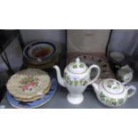 THREE PIECE WEDGWOOD ?SANTA CLARA? PATTERN CHINA TEA SET, PARAGON ?COUNTRY LANE? SUGAR BOWL, SPODE