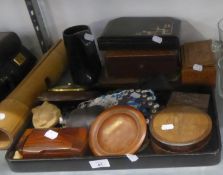 JAPANESE LACQUERED TWO HANDLED TRAY, THREE ORIENTAL BOXES, WOODEN CIRCULAR BOX WITH LID, BOXED SET