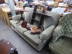 A PRE-WAR LOUNGE SUITE OF THREE PIECES, UPHOLSTERED AND COVERED IN GREEN, TRELLIS PATTERN, SELF-