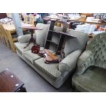 A PRE-WAR LOUNGE SUITE OF THREE PIECES, UPHOLSTERED AND COVERED IN GREEN, TRELLIS PATTERN, SELF-