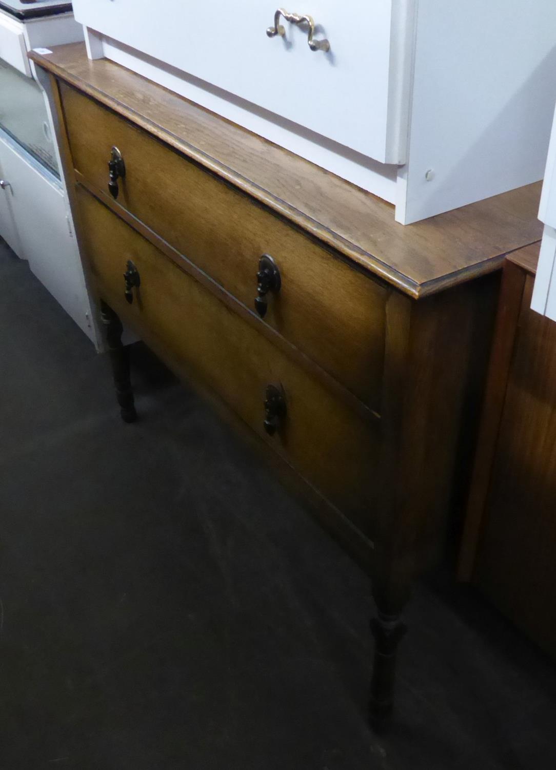 1920's OAK WASHSTAND CHEST WITH GALLERY BACK, TWO LONG DRAWERS ON TURNED LEGS, 3'6" WIDE