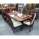 A REPRODUCTION MAHOGANY EXTENDING DINING TABLE,  WITH TWO EXTRA LEAVES AND A SET OF 10 MATCHING