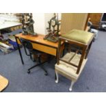 A METAL FRAMED TEAK SIDE TABLE WITH TWO DRAWERS, AN OFFICE REVOLVING CHAIR AND A DRESSING STOOL