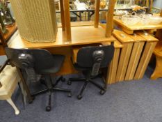 A WOOD EFFECT DESK WITH SINGLE DRAWER, ON BLACK METAL FRAME AND LEGS, 3?3? X 1?8? AND AN OFFICE