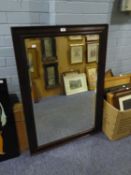 LARGE VINTAGE BEVELLED EDGE MIRROR IN OAK FRAME, WITH LABEL ON REVERSE  3' X 2'