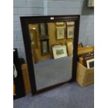 LARGE VINTAGE BEVELLED EDGE MIRROR IN OAK FRAME, WITH LABEL ON REVERSE  3' X 2'