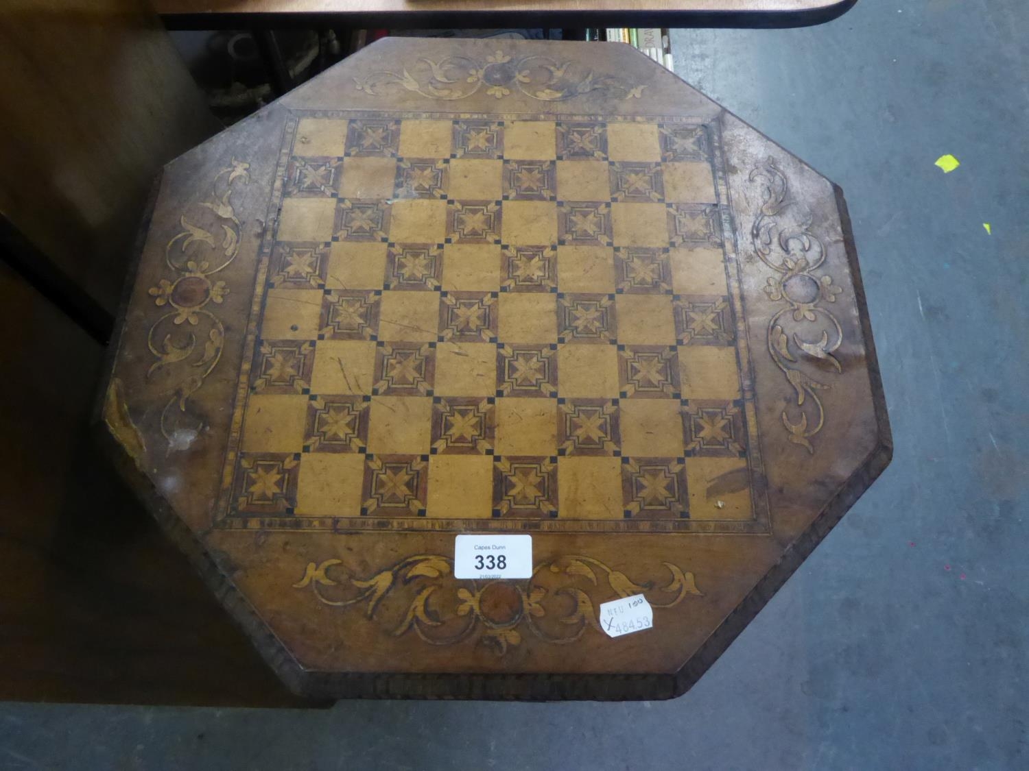 VICTORIAN WALNUT AND MARQUETRY INLAID OCTAGONAL WORK OR GAMES TABLE, WITH HINGED CHESSBOARD TOP, - Image 3 of 5