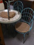 STYLE OF ERNEST RACE, MID CENTURY GREEN PAINTED METAL GARDEN TABLE AND SET OF FOUR OPEN ARMCHAIRS,