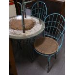 STYLE OF ERNEST RACE, MID CENTURY GREEN PAINTED METAL GARDEN TABLE AND SET OF FOUR OPEN ARMCHAIRS,