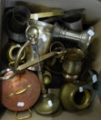 BRASS COFFEE GRINDER, HEAVY BRASS VASE, HALF PINT BRASS TANKARD, TWO PIERCED BRASS BOWLS AND OTHER