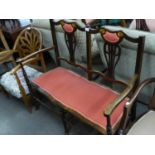 A MAHOGANY FRAMED DRAWING ROOM SETTEE, SEAT COVERED IN RED FABRIC AND INLAY TO THE BACK