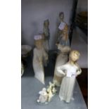 LLADRO PORCELAIN, FOUR FIGURES, (one a/f) and a GROUP OF DUCKS AND DUCKLINGS, and THREE SIMILAR