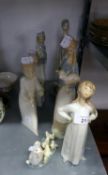 LLADRO PORCELAIN, FOUR FIGURES, (one a/f) and a GROUP OF DUCKS AND DUCKLINGS, and THREE SIMILAR