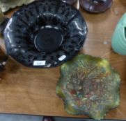 ENGRAVED BLACK GLASS DECAGON SHAPED, FLARED BOWL, 12? wide, and an ORANGE AND GREEN CARNIVAL GLASS