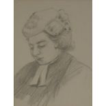UNATTRIBUTED (TWENTIETH CENTURY) PENCIL DRAWING Bust portrait-female lawyer in courtroom dress