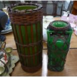 TWO ORIENTAL GREEN GLAZED POTTERY VASES, BOUND IN WOVEN CANE, 9 ¾? and 12? high, (2)
