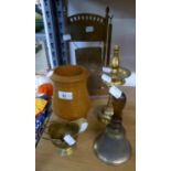 AN OAK AND BRASS SMALL RECTANGULAR DINNER GONG AND TURNED WOOD VASE AND THREE OTHER ITEMS