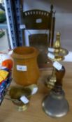 AN OAK AND BRASS SMALL RECTANGULAR DINNER GONG AND TURNED WOOD VASE AND THREE OTHER ITEMS