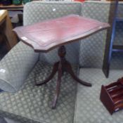 GEORGIAN STYLE MAHOGANY OCCASIONAL TABLE WITH RED LEATHER INSET, SERPENTINE OBLONG SNAP TOP, ON