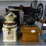 SILVER CREST MINCER IN BOX, DAVID BIRCHMARCA POTTERY AND METAL COFFEE GRINDER AND ANOTHER WITH