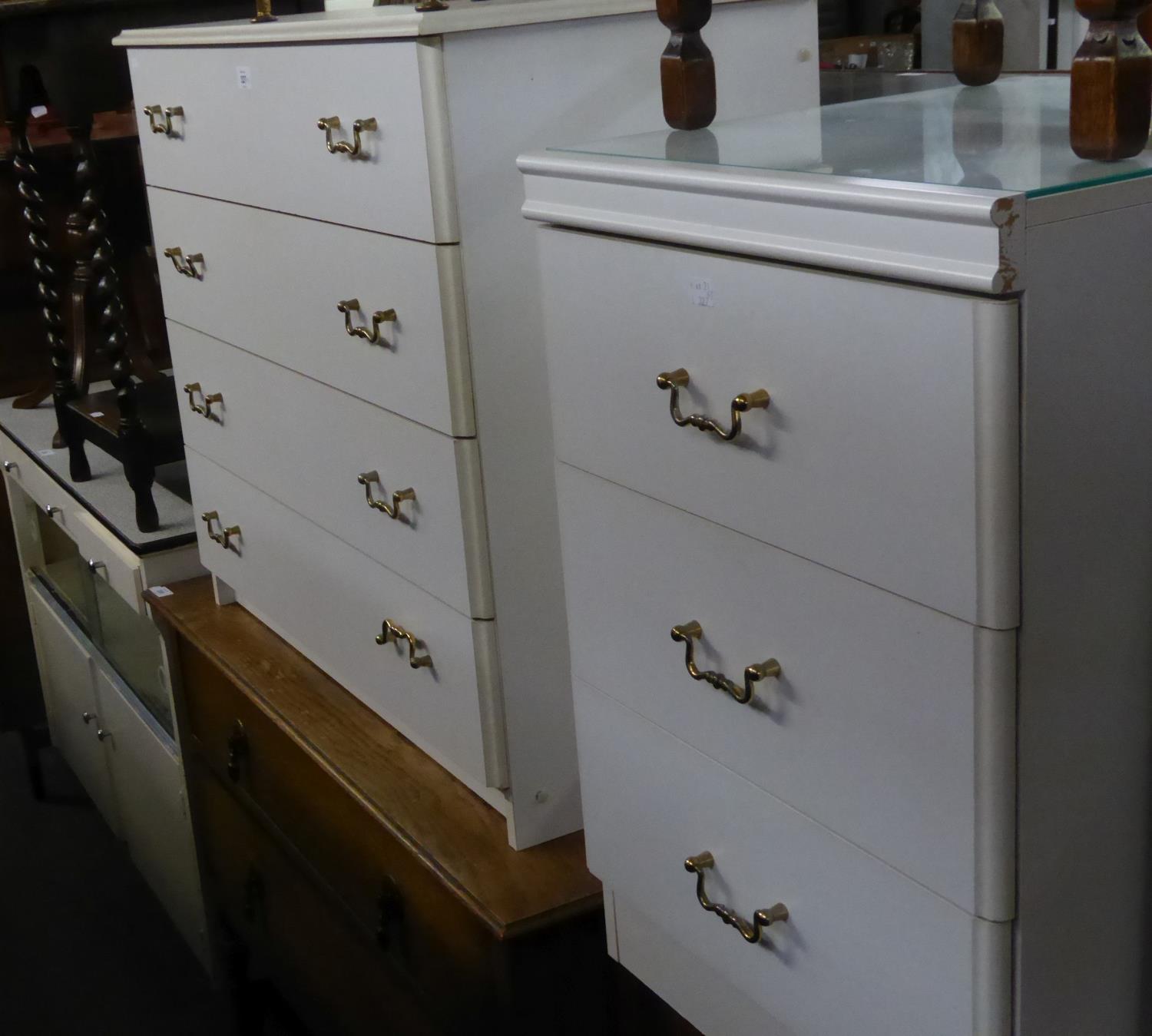 A WHITE FINISH CHEST OF FOUR LONG DRAWERS WITH BRASS DROP HANDLES, 2?9? WIDE; A WHITE FINISH BEDSIDE