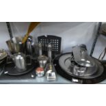 STAINLESS STEEL ICE BUCKET, COFFEE POT, 3 TEAPOTS, CAST CROCKERY BOOK STAND AND A QUANTITY OF