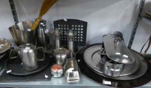 STAINLESS STEEL ICE BUCKET, COFFEE POT, 3 TEAPOTS, CAST CROCKERY BOOK STAND AND A QUANTITY OF