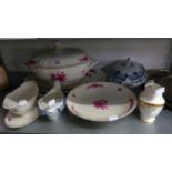 FIVE PIECES OF VERBANO ?LAVENO? PATTERN ITALIAN PORCELAIN DINNER WARES, floral painted in puce and