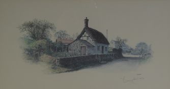 GELDART ARTIST SIGNED PRINT Thatched cottage, (133/750) 9? x 17? (22.9cm x 43.2cm) KING ARTIST