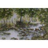 VALERIE BARNABY (TWENTIETH/ TWENTY FIRST CENTURY) OIL PAINTING ON CANVAS Stepping stones across a