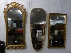 AN ARCH SHAPED BEVELLED EDGE WALL MIRROR, IN GILT ROCOCO FRAME; A RECTANGULAR WALL MIRROR, IN VINE