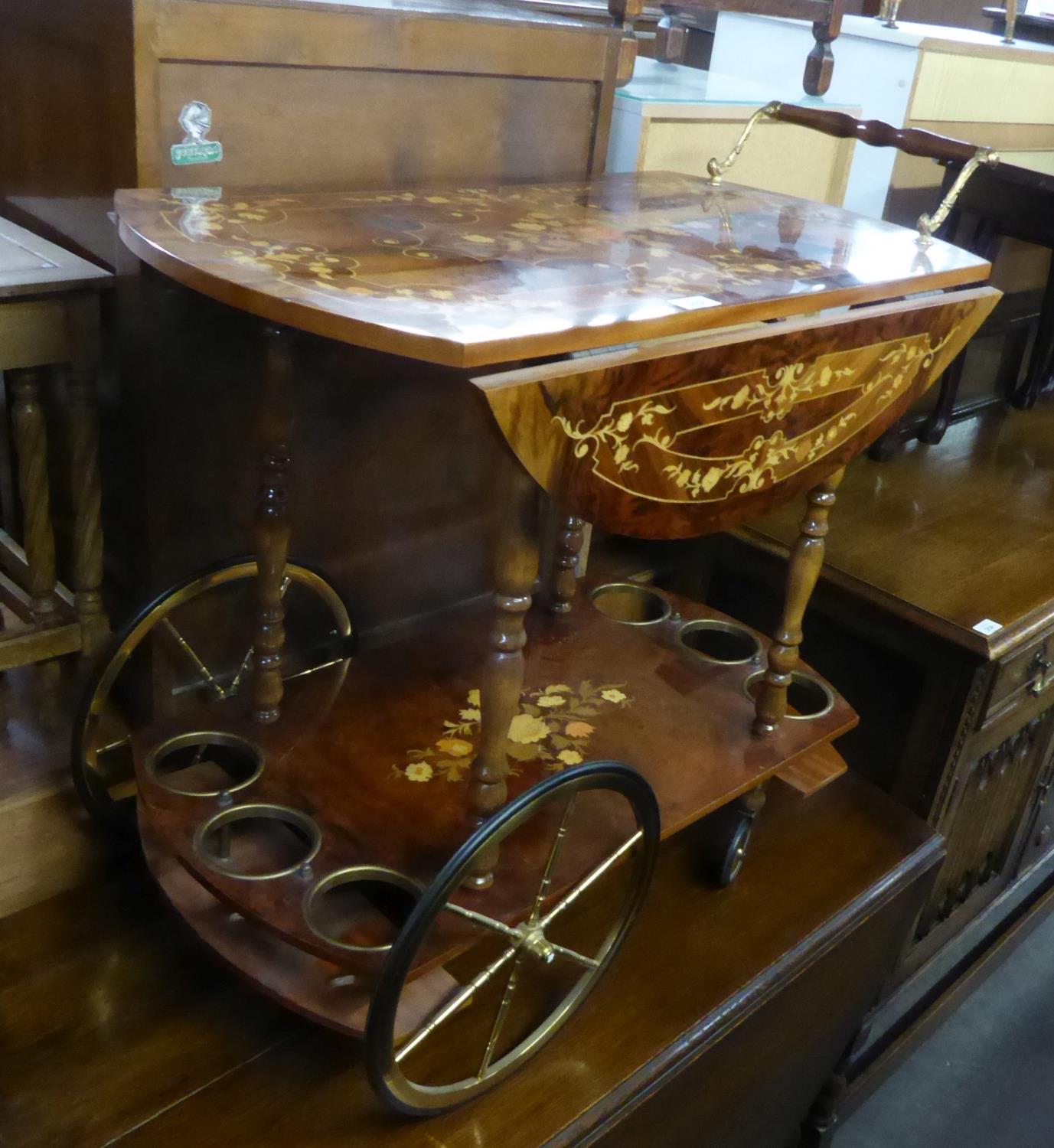 ITALIAN FLORAL MARQUETRY COCKTAIL TROLLEY, WITH CIRCULAR FALL-LEAF TOP, UNDER PLATFORM WITH BOTTLE